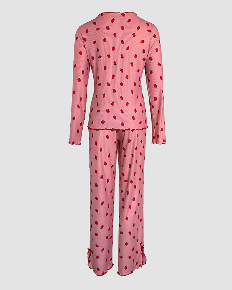 2 Pieces Outfit Bowknot Decor Turn-down Collar V-Neck Top and Elastic Waist Slit Hem Pants Set Casual Strawberry Print Frill Trim Ribbed Pajamas Set