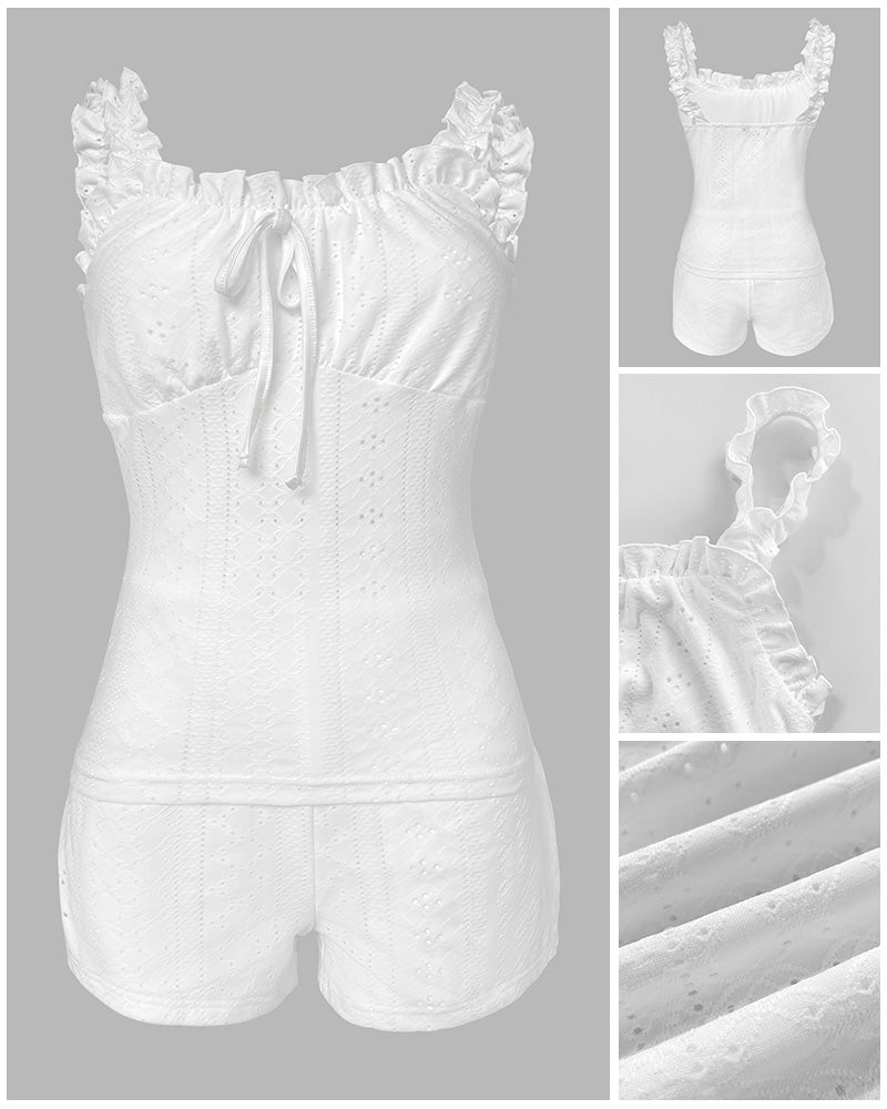 2 Pieces Outfit Square Neck Frill Straps Tied Detail Cami Top and Elastic Waist Shorts Set Slim Fit Hollow-out Jacquard Textured Knit Pajamas Set