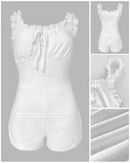 2 Pieces Outfit Square Neck Frill Straps Tied Detail Cami Top and Elastic Waist Shorts Set Slim Fit Hollow-out Jacquard Textured Knit Pajamas Set