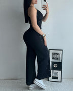 Women's Butterfly Print Ribbed Pajamas Set Spaghetti Strap Cami Top and High Waist Wide Leg Pants Casual Loungewear