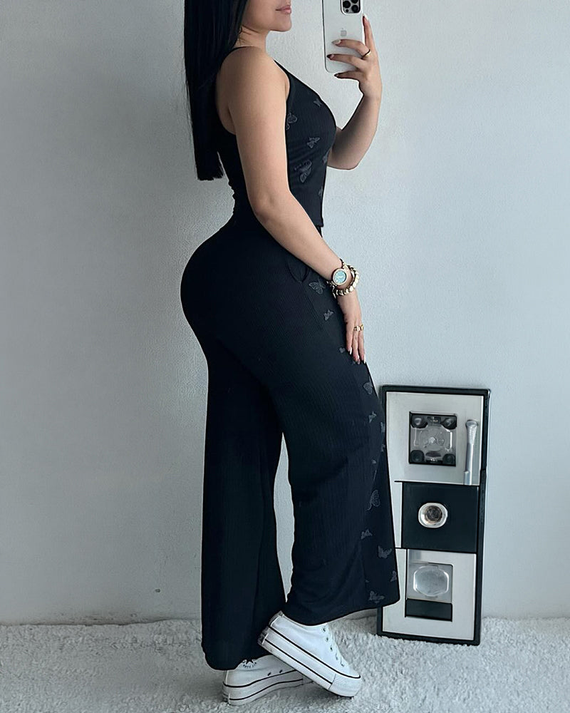 Women's Butterfly Print Ribbed Pajamas Set Spaghetti Strap Cami Top and High Waist Wide Leg Pants Casual Loungewear