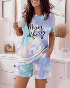 2 Pieces Outfit Letter Print Short Sleeve Top and Elastic Waist Shorts Set Casual Tie Dye Print Pajamas Set with Pockets For Mother's Day