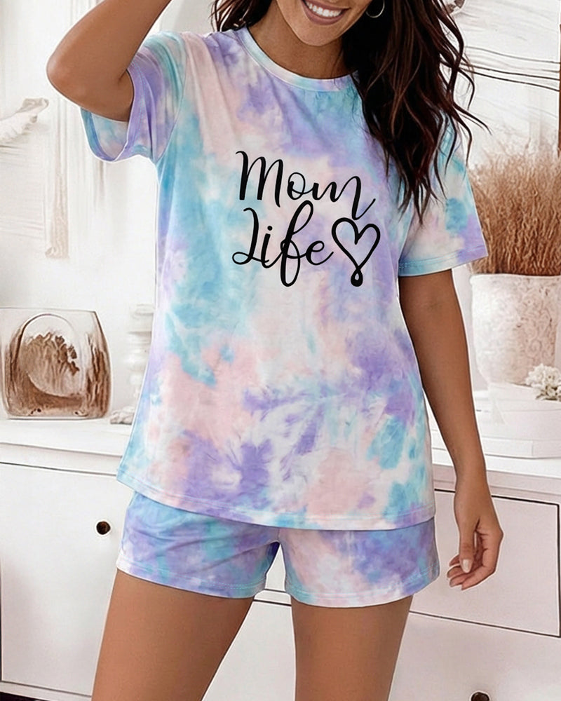 2 Pieces Outfit Letter Print Short Sleeve Top and Elastic Waist Shorts Set Casual Tie Dye Print Pajamas Set with Pockets For Mother's Day
