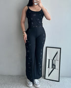 Women's Butterfly Print Ribbed Pajamas Set Spaghetti Strap Cami Top and High Waist Wide Leg Pants Casual Loungewear