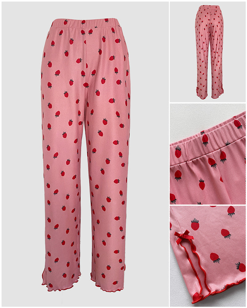 2 Pieces Outfit Bowknot Decor Turn-down Collar V-Neck Top and Elastic Waist Slit Hem Pants Set Casual Strawberry Print Frill Trim Ribbed Pajamas Set