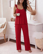Women's 2 Piece Pajama Set Frill Trim Camisole Top and Wide Leg Pants Lounge Set Soft Sleepwear Outfits with Pockets