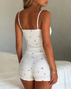2 Pieces Outfit U-Neck Adjustable Spaghetti Straps Cami Top and Elastic Waist Shorts Set Slim Fit Allover Heart Print Knit Pajamas Set