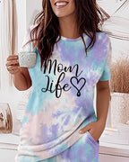 2 Pieces Outfit Letter Print Short Sleeve Top and Elastic Waist Shorts Set Casual Tie Dye Print Pajamas Set with Pockets For Mother's Day