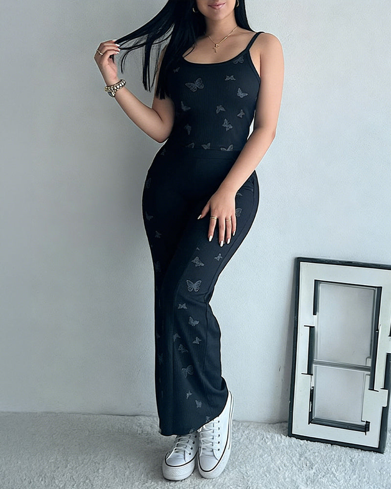 Women's Butterfly Print Ribbed Pajamas Set Spaghetti Strap Cami Top and High Waist Wide Leg Pants Casual Loungewear