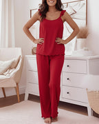 Women's 2 Piece Pajama Set Frill Trim Camisole Top and Wide Leg Pants Lounge Set Soft Sleepwear Outfits with Pockets