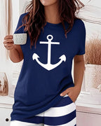 2 Pieces Outfit Anchor Print Round Neck Short Sleeve Top and Striped Elastic Waist Shorts Set Casual Pajamas Set