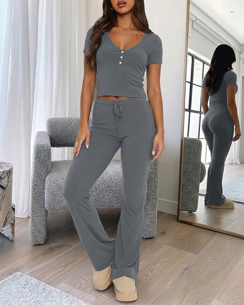 Women's 2 Piece Ribbed Lounge Set V Neck Button Top and High Waist Flare Pants Set Casual Slim Fit Stretchy Outfits
