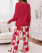 2 Pieces Outfit Letter Print Batwing Sleeve Loose Top and Striped & Polka Dot Print Elastic Waist Pants Set Casual Pajamas Set