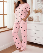 Valentine's Day 2 Pieces Outfit Round Neck Short Sleeve Top and Elastic Waist Pants Set Casual Heart Print Loose Fit Pajamas Set