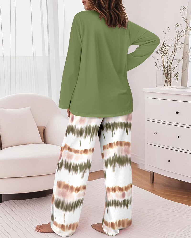 2 Pieces Outfit Letter Placement Print Long Sleeve Drop Shoulder Top and Ombre Loose Fit Pants Set Casual Pajamas Set