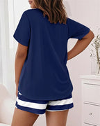2 Pieces Outfit Anchor Print Round Neck Short Sleeve Top and Striped Elastic Waist Shorts Set Casual Pajamas Set