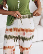2 Pieces Outfit Letter Print Round Neck Short Sleeve Top And Tie Dye Print Elastic Waist Loose Fit Pants Set Casual Pajamas Set