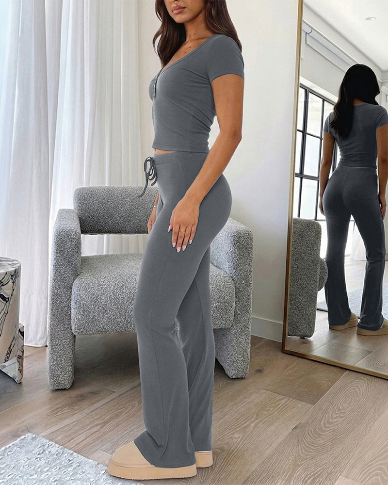 Women's 2 Piece Ribbed Lounge Set V Neck Button Top and High Waist Flare Pants Set Casual Slim Fit Stretchy Outfits