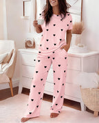 Valentine's Day 2 Pieces Outfit Round Neck Short Sleeve Top and Elastic Waist Pants Set Casual Heart Print Loose Fit Pajamas Set