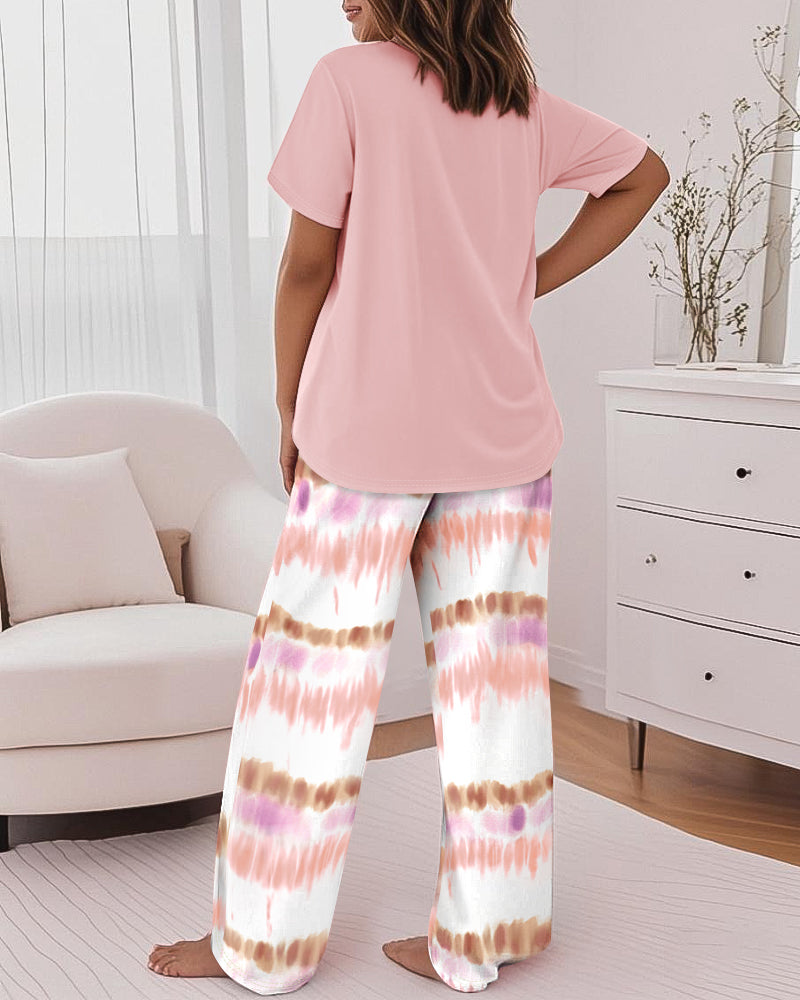 2 Pieces Outfit Letter Print Round Neck Short Sleeve Top And Tie Dye Print Elastic Waist Loose Fit Pants Set Casual Pajamas Set