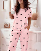 Valentine's Day 2 Pieces Outfit Round Neck Short Sleeve Top and Elastic Waist Pants Set Casual Heart Print Loose Fit Pajamas Set