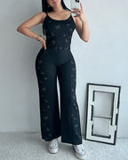 Women's Butterfly Print Ribbed Pajamas Set Spaghetti Strap Cami Top and High Waist Wide Leg Pants Casual Loungewear