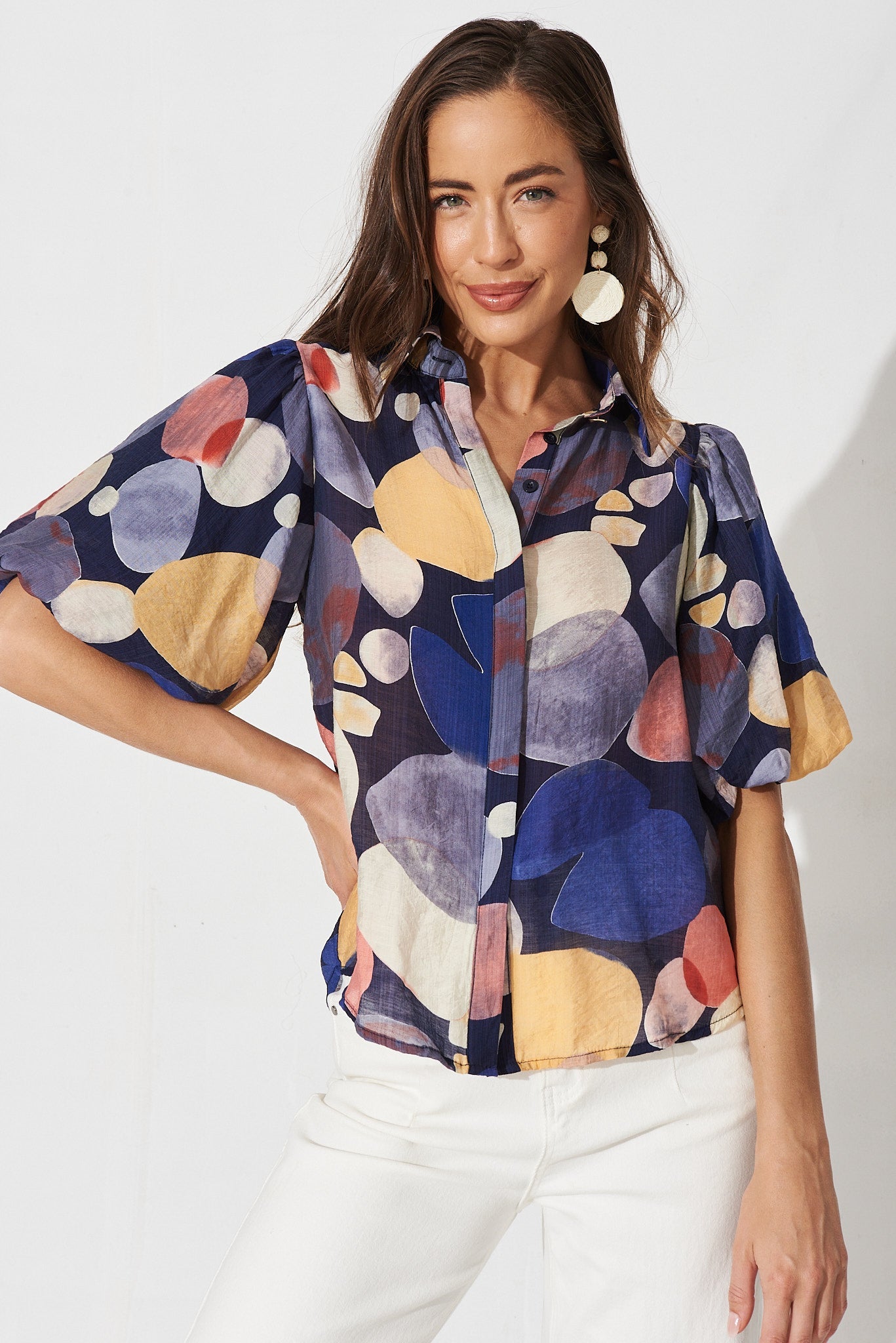 Aeryn Shirt In Navy With Multi Print