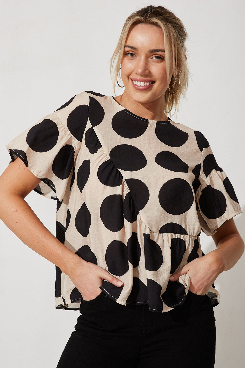 Girona Top In Beige With Black Spot Print Cotton Blend