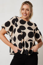 Girona Top In Beige With Black Spot Print Cotton Blend
