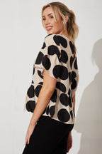 Girona Top In Beige With Black Spot Print Cotton Blend