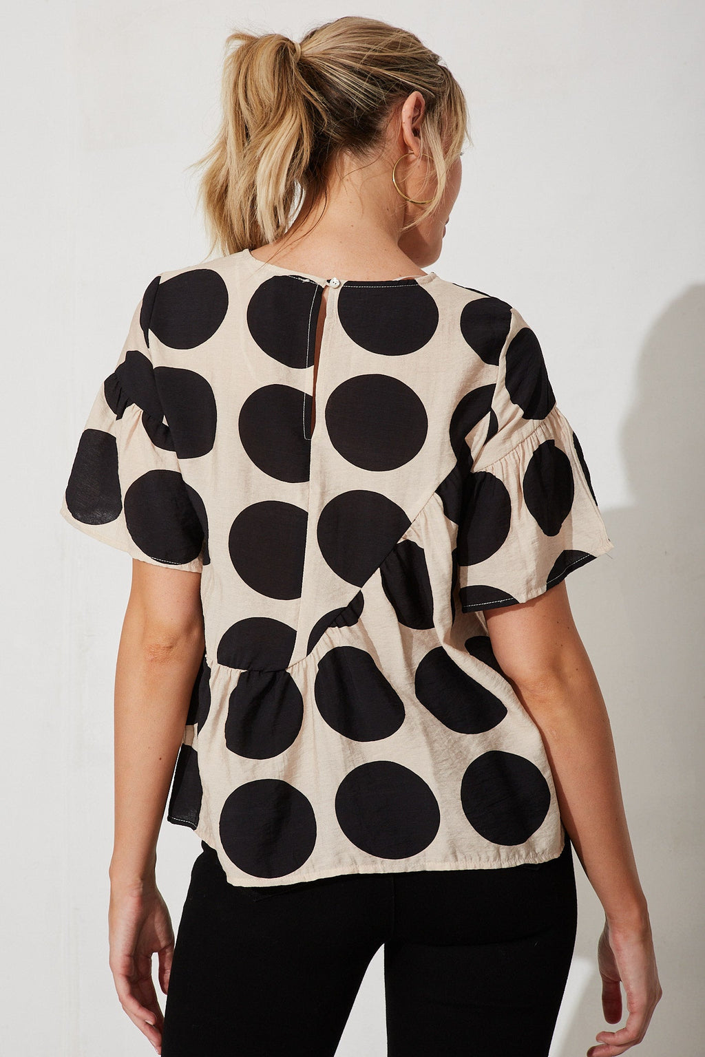 Girona Top In Beige With Black Spot Print Cotton Blend