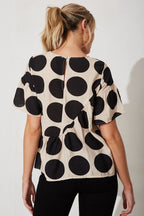 Girona Top In Beige With Black Spot Print Cotton Blend