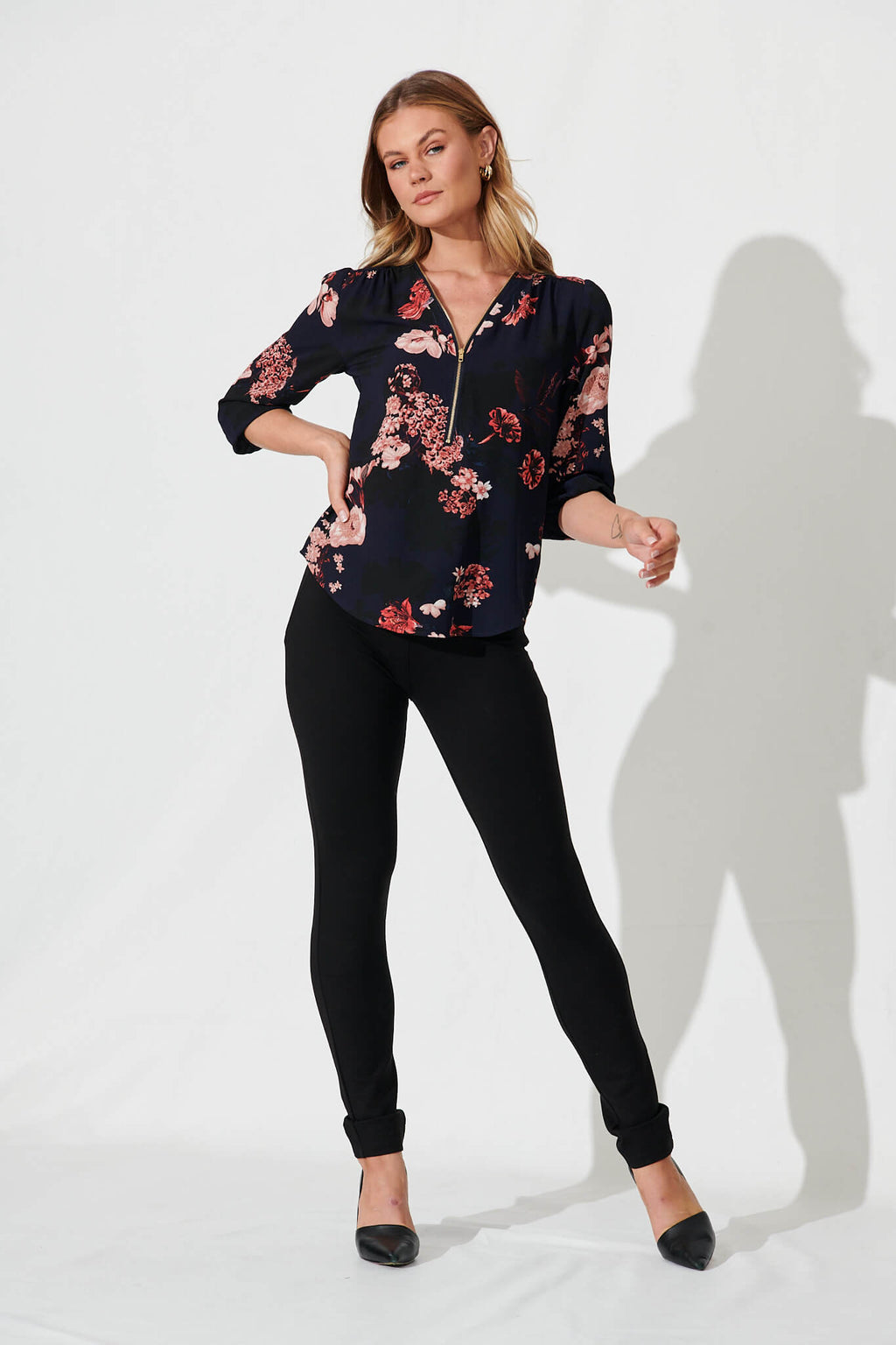 Viviani Zip Top In Navy With Pink And Blush Floral
