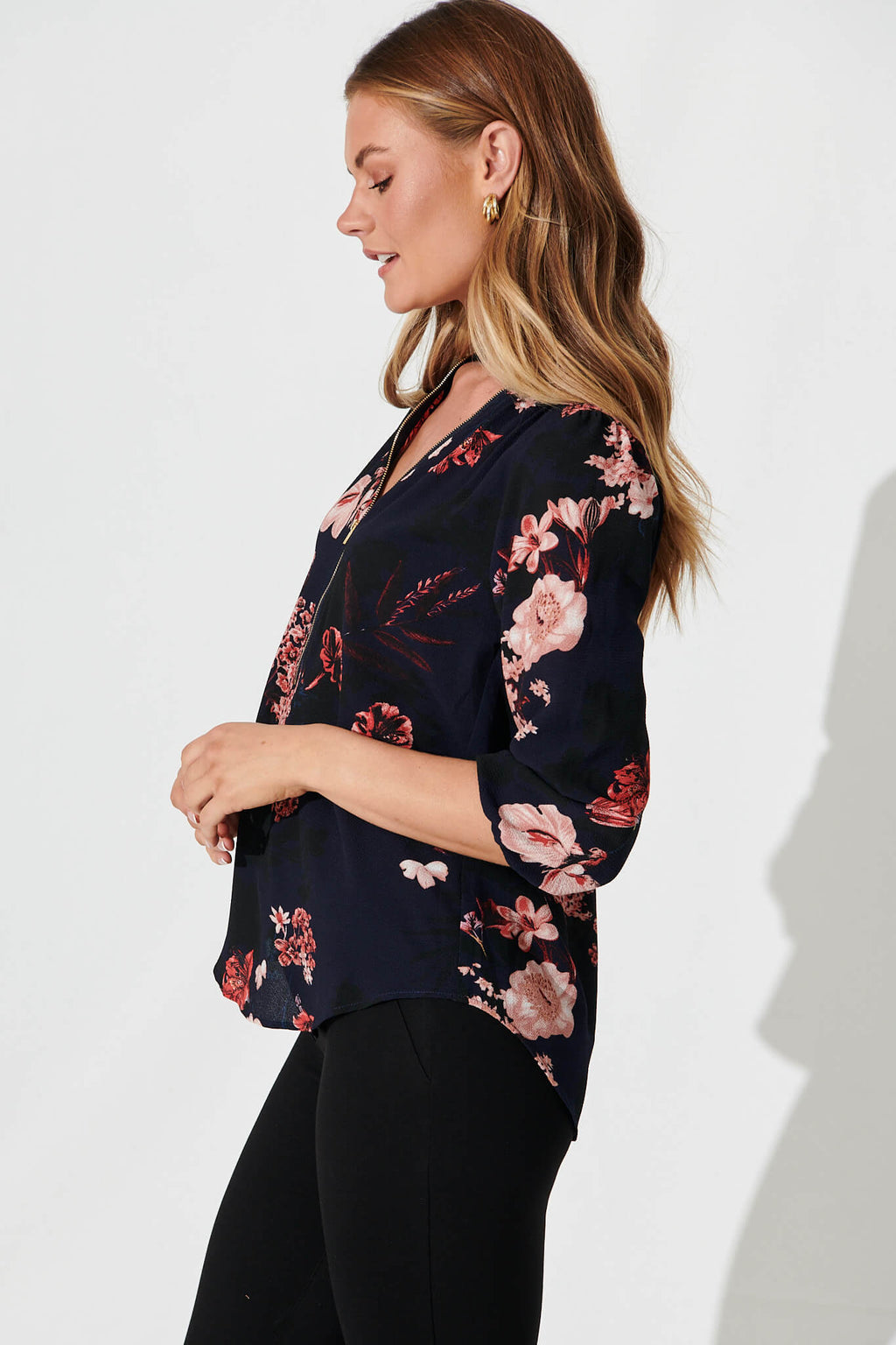 Viviani Zip Top In Navy With Pink And Blush Floral