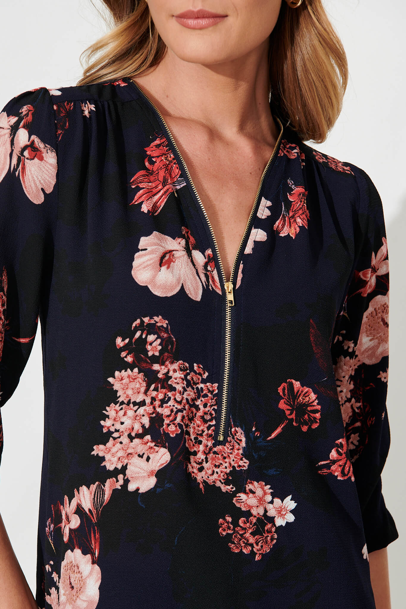 Viviani Zip Top In Navy With Pink And Blush Floral