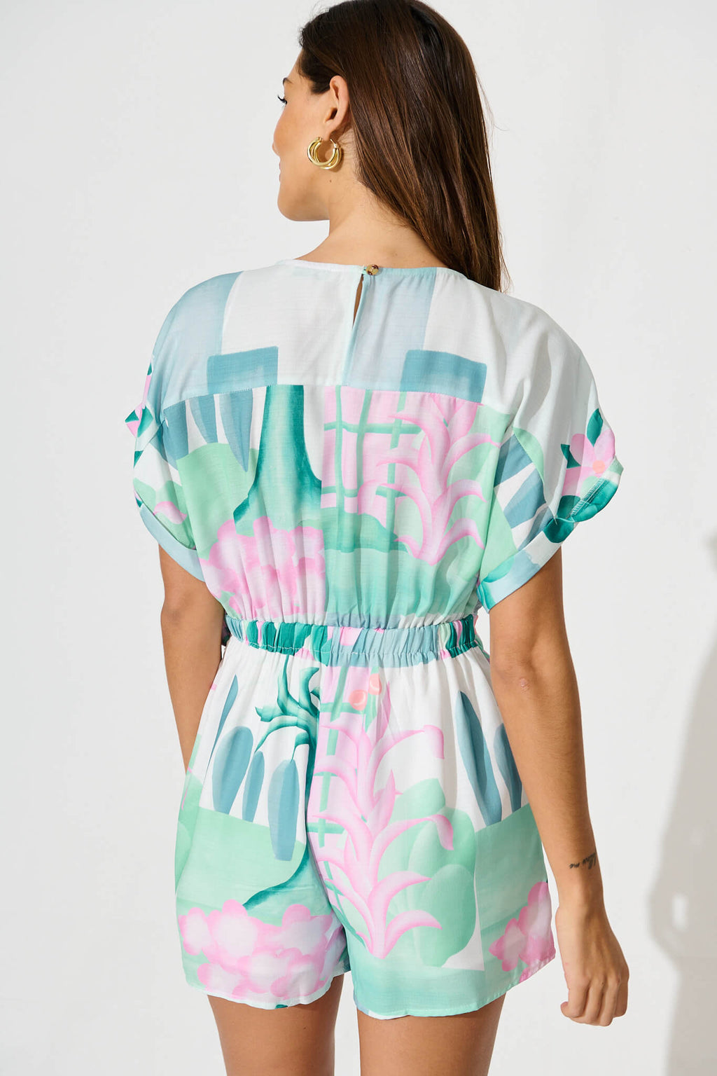 Silesia Playsuit in Blue and Green Print Linen Blend