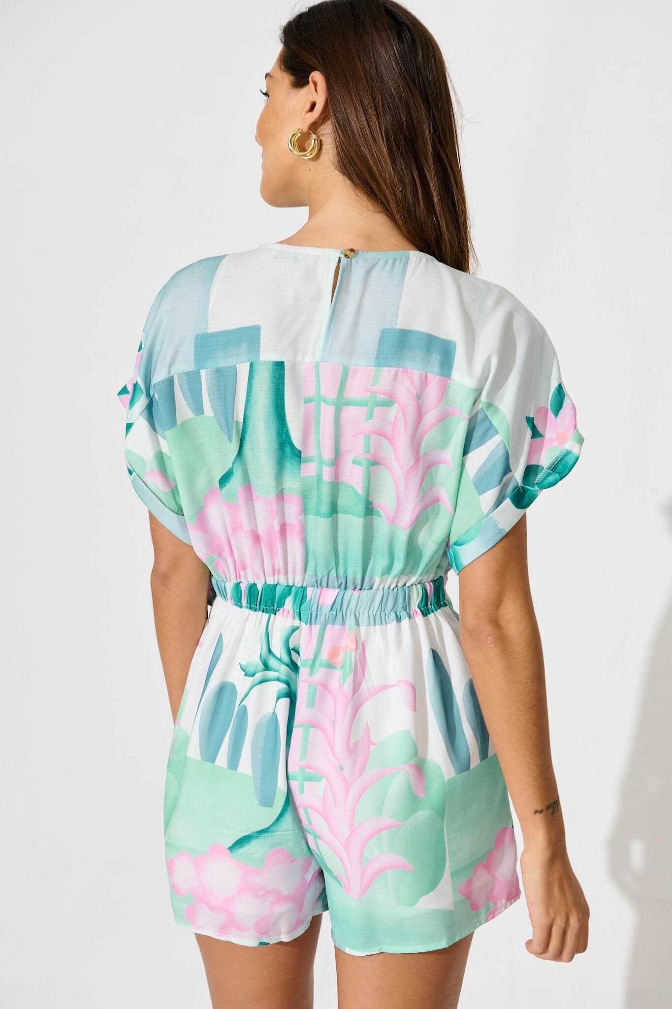 Silesia Playsuit in Blue and Green Print Linen Blend