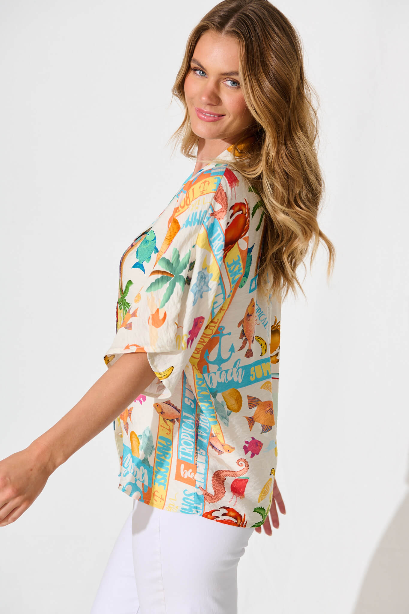 Columbia Shirt In Cream With Multi Summer Print