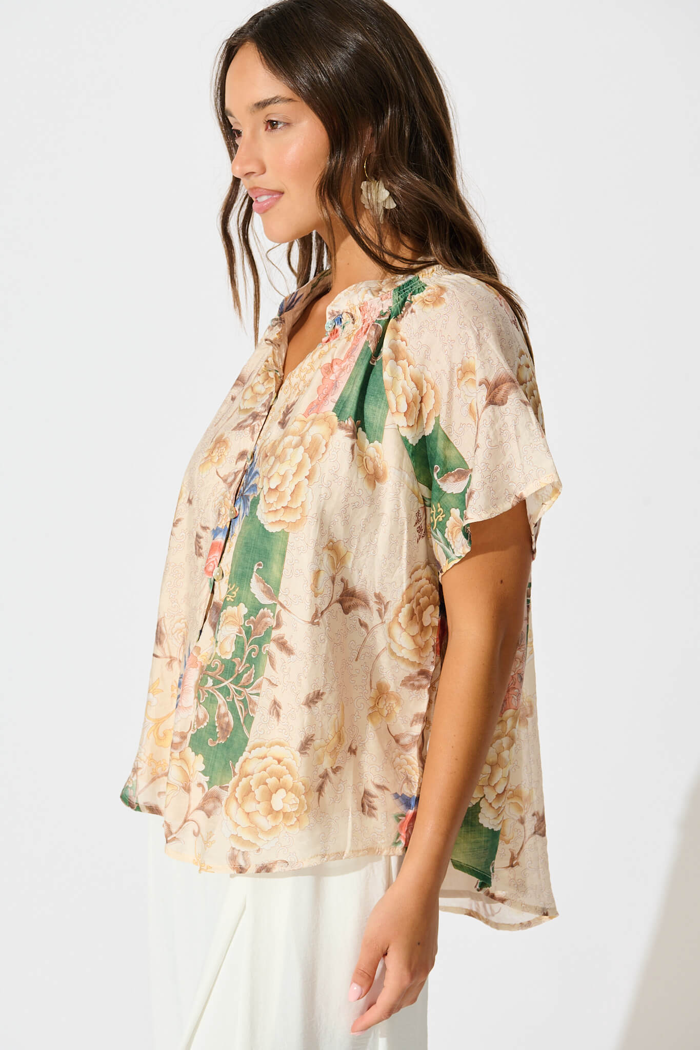 Lombard Top in Beige with Green Multi Floral