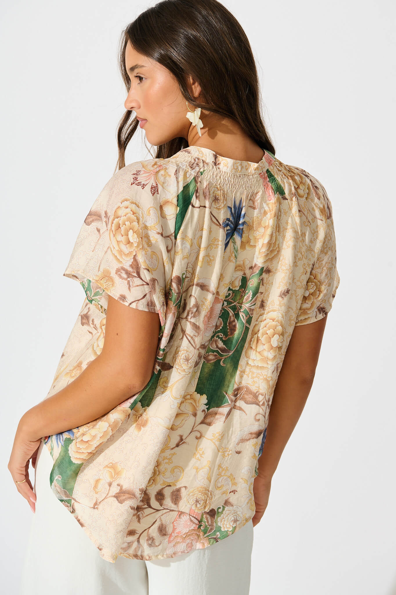 Lombard Top in Beige with Green Multi Floral
