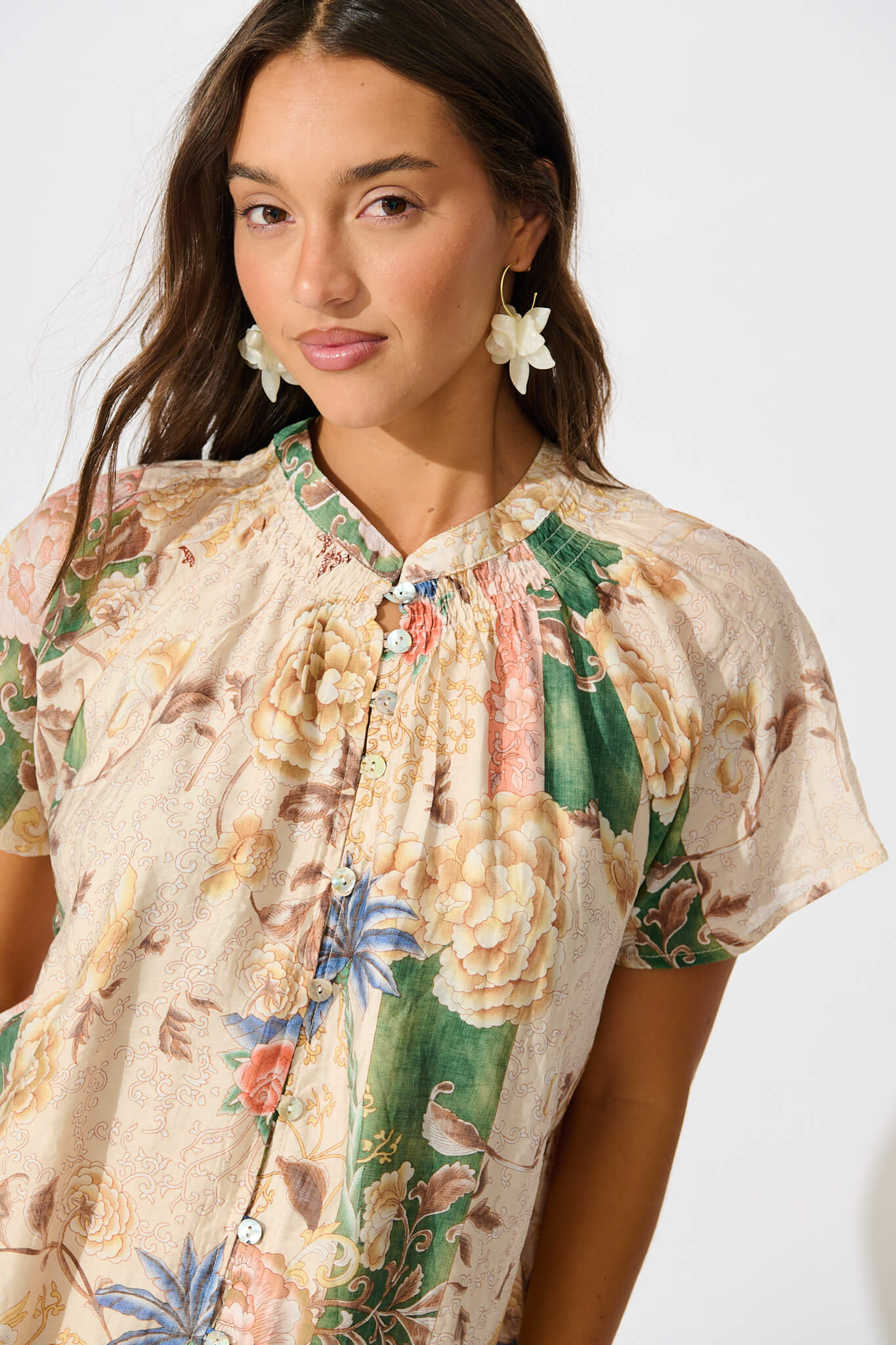 Lombard Top in Beige with Green Multi Floral