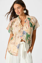 Lombard Top in Beige with Green Multi Floral