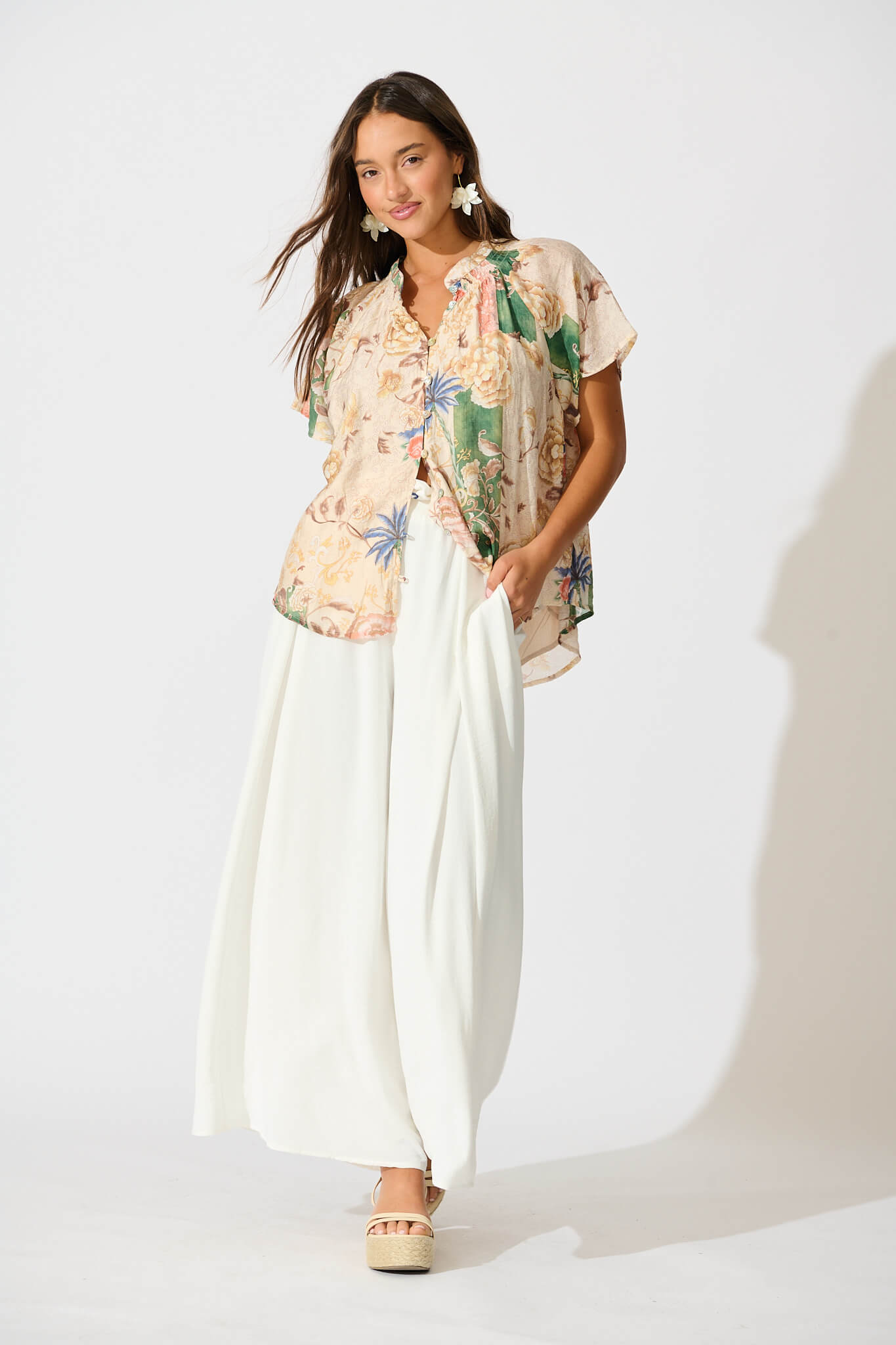 Lombard Top in Beige with Green Multi Floral