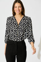 Viviani Zip Top in Black and White Leaf