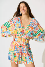 Otillie Playsuit in White Multi Conversational Print