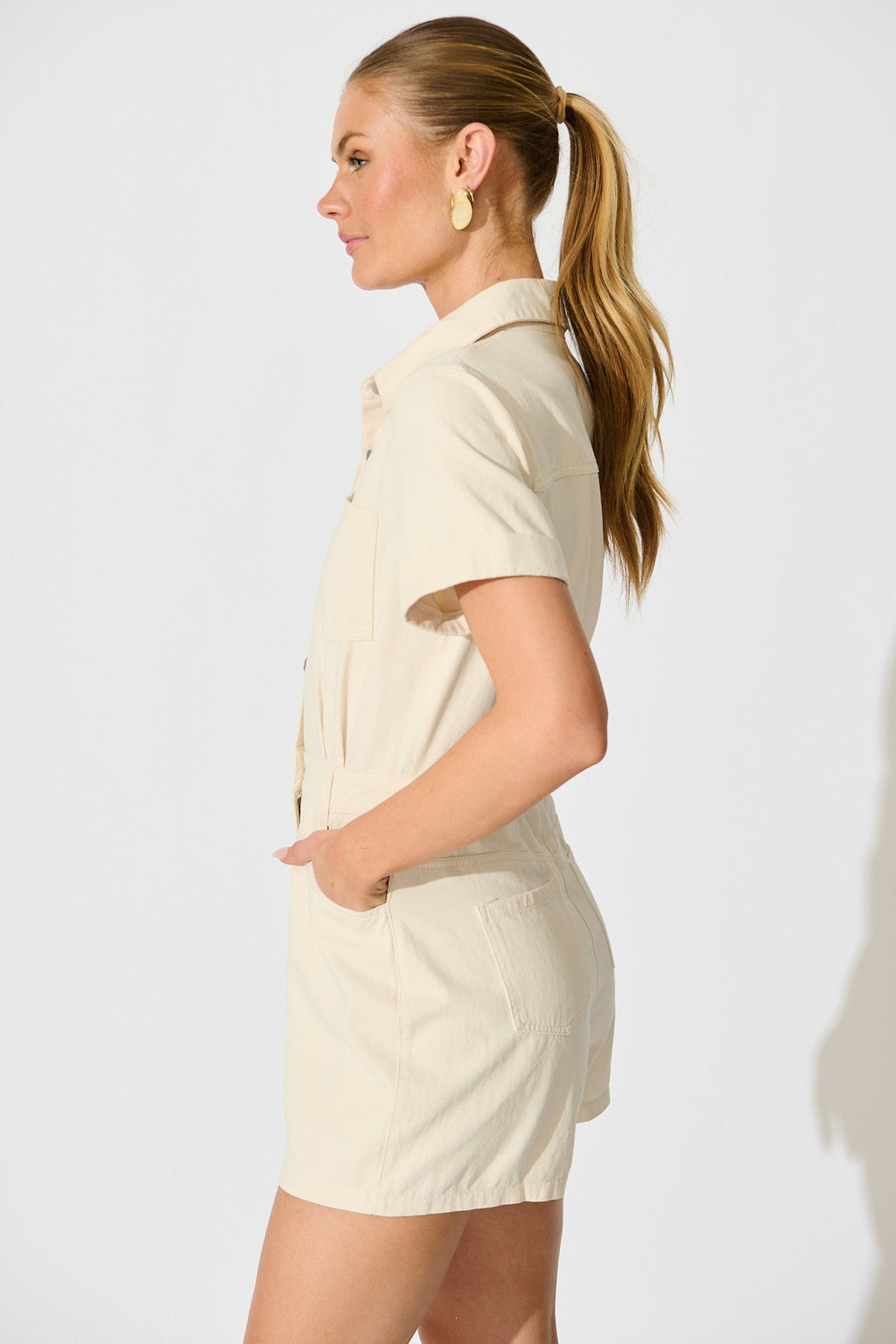Velveta Playsuit in Beige Cotton