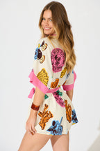 Aluna Playsuit in White with Pink and Multi Print