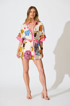 Aluna Playsuit in White with Pink and Multi Print