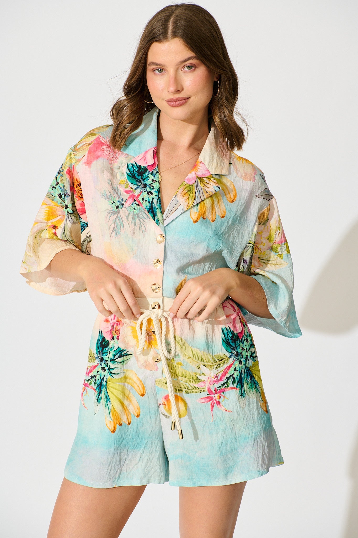 Island Dreamscape Playsuit in Multi Tropical Floral Print