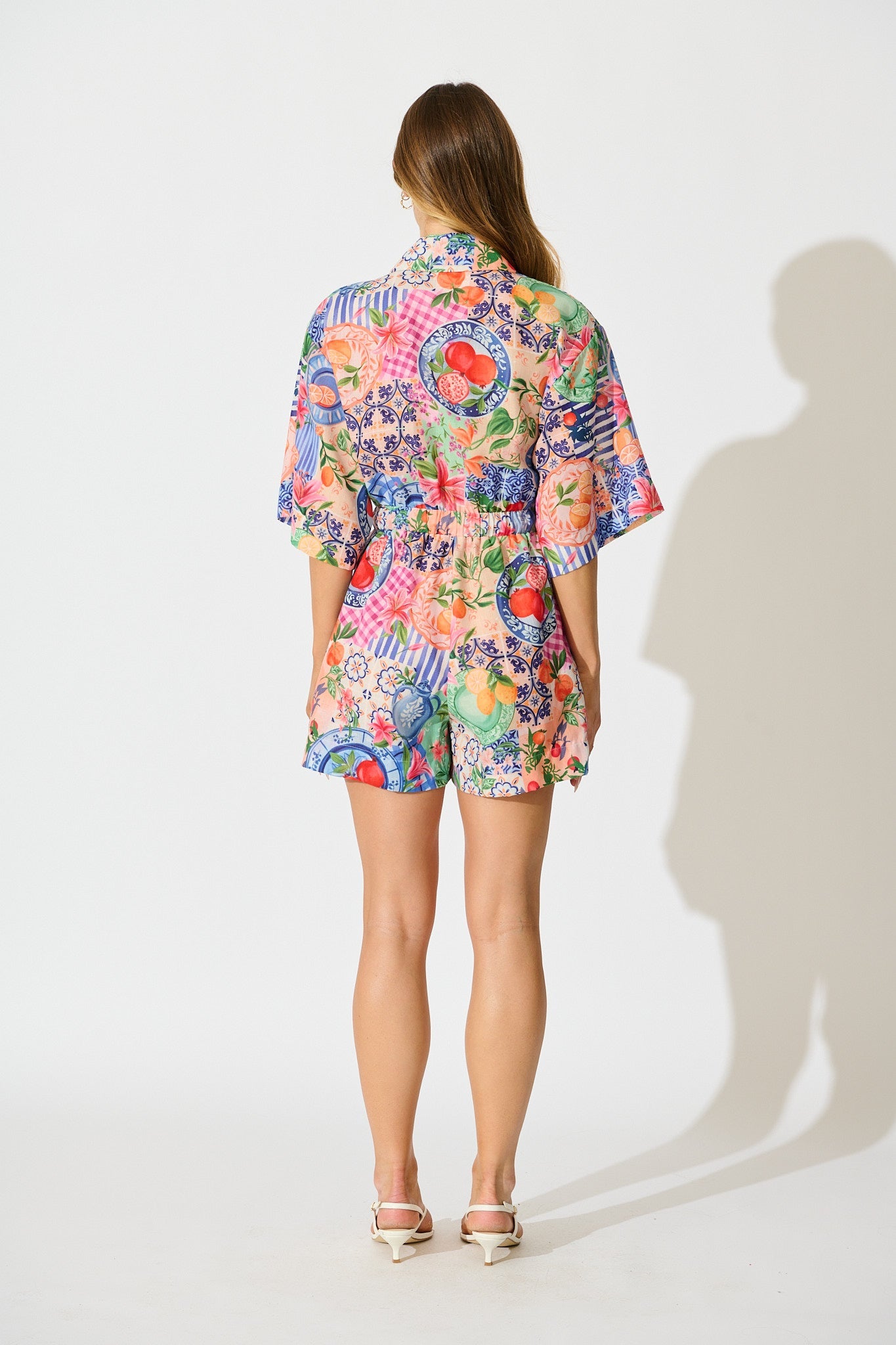 Fruit Crush Playsuit in Multi Fruit Patchwork Linen Blend